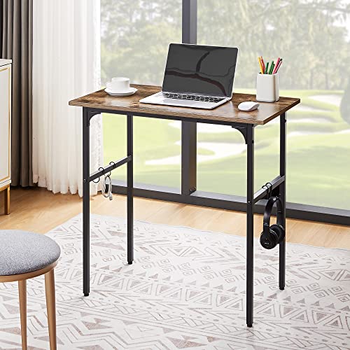 Vecelo 32" Computer Writing Desk For Home Office, Study Table Workstation For Small Spaces With 4 Hooks & Adjustable Legs, Metal Frame,Brown, 32Inches #TOP4