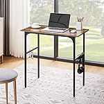 VECELO 32" Computer Writing Desk for Home Office, Study Table Workstation for Small Spaces, with 4 Hooks & Adjustable Legs, Metal Frame, Brown - Image 5