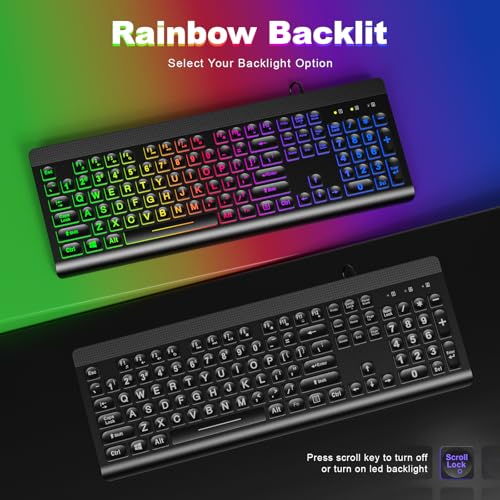 Image of Multiple Color Rainbow LED Backlit Large Size USB Wired Multimedia PC Gaming Keyboard