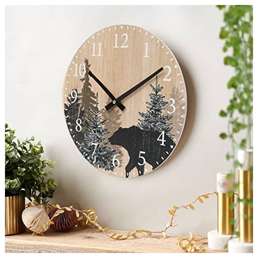 Cabin Bear Wall Clock 12 Inch Silent Non Ticking Clock Wooden Forest Wildlife Mountain Lodge Wall Clock Battery Operated Rustic Farmhouse Wall Clock