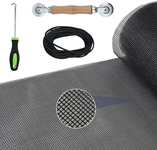 Window Screen Replacement 39"x 118", DIY Adjustable Fiberglass Screen Mesh with Rolling Tool Hook Screen Retainer Spline for Windows Doors Patio Screen Black
