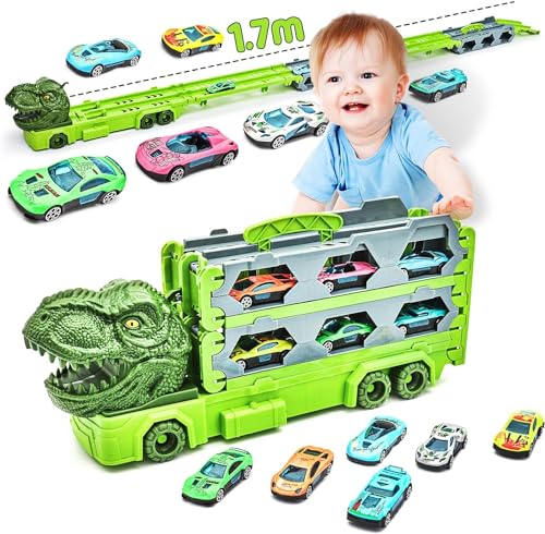 BAICHUN Dinosaurio transportador de Camiones de Juguete Coches de Regalo para los niños niñas de 3 4 5 6 Años - con 6 vehículos y la 6 Dinosaurio y la Cabeza de Dinosaurio distinto(A678-2)