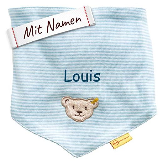 Striefchen® Baby Halstuch aus weicher Baumwolle mit Namen in Blau - niedlicher Teddy - ideal als Babygeschenk 3 LALALO Steiff Baby Jersey Halstuch bestickt mit Namen, Dreieckstuch/Nickytuch personalisiert, Nickituch Teddy Bär, Streifen & Bindbare Enden, Junge (Hell Blau)