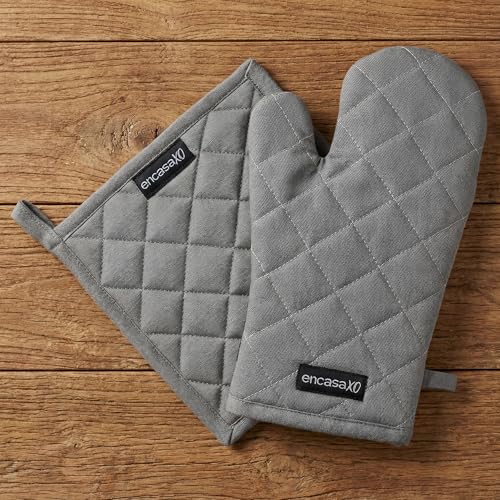 Encasa XO Heat-Resistant 100% Cotton Oven Glove & Potholder Set with Loop - Kitchen Mittens & Microwave Safe Hot Pads in Grey, 18x30 cm (Pack of 2)
