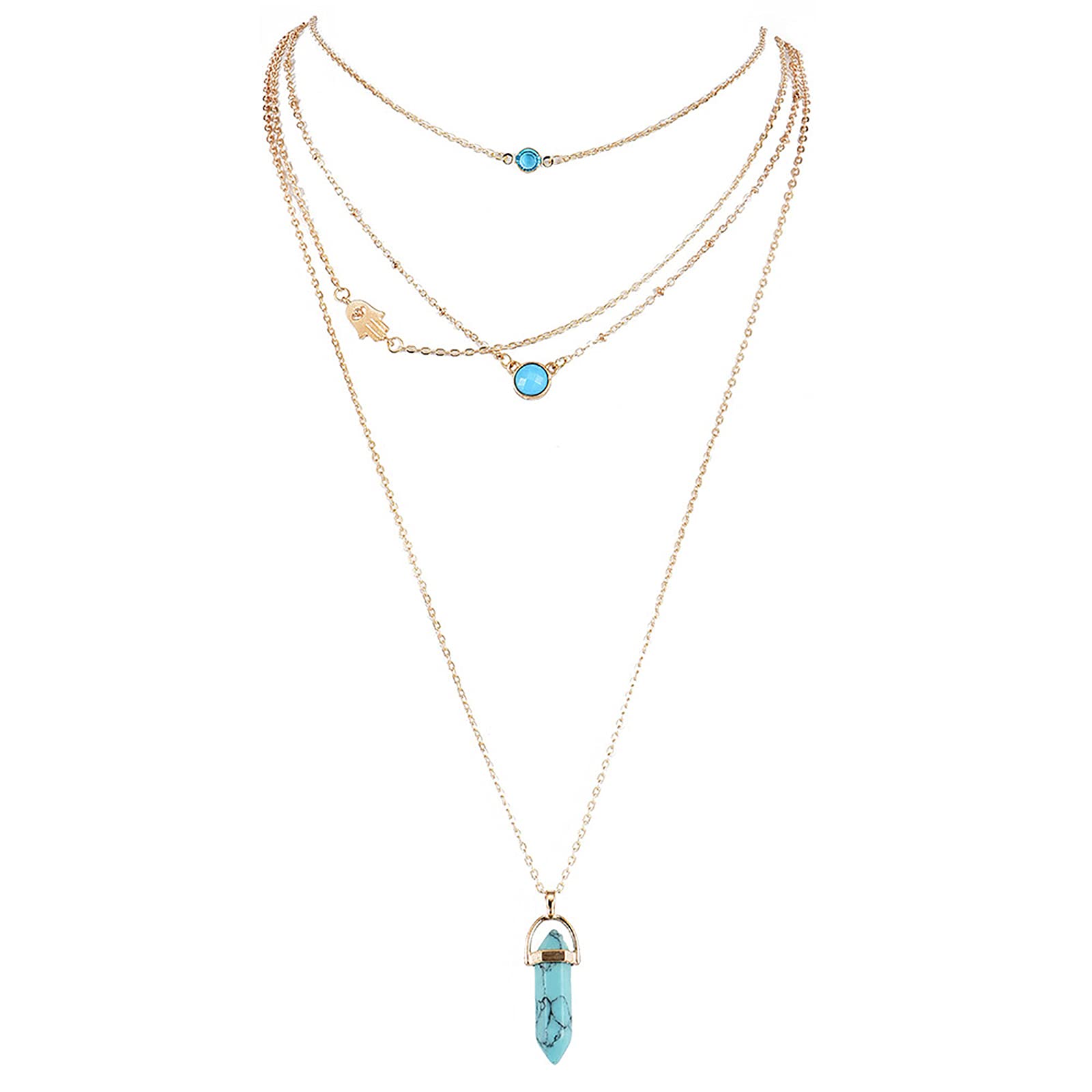 Moon Leaf Turquoise Necklace Boho Layered Hamsa Hand Pendant Necklace Crystal Hexagonal Necklace Crescent Leaf Turquoise Western Costume Jewelry for Women Girls