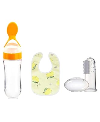 Kritiu Baby Feeding Combo-Spoon Bottle, Finger Toothbrush, And Baby Bib Set|Bpa-Free & Safe For Infants|Easy To Clean|Ye