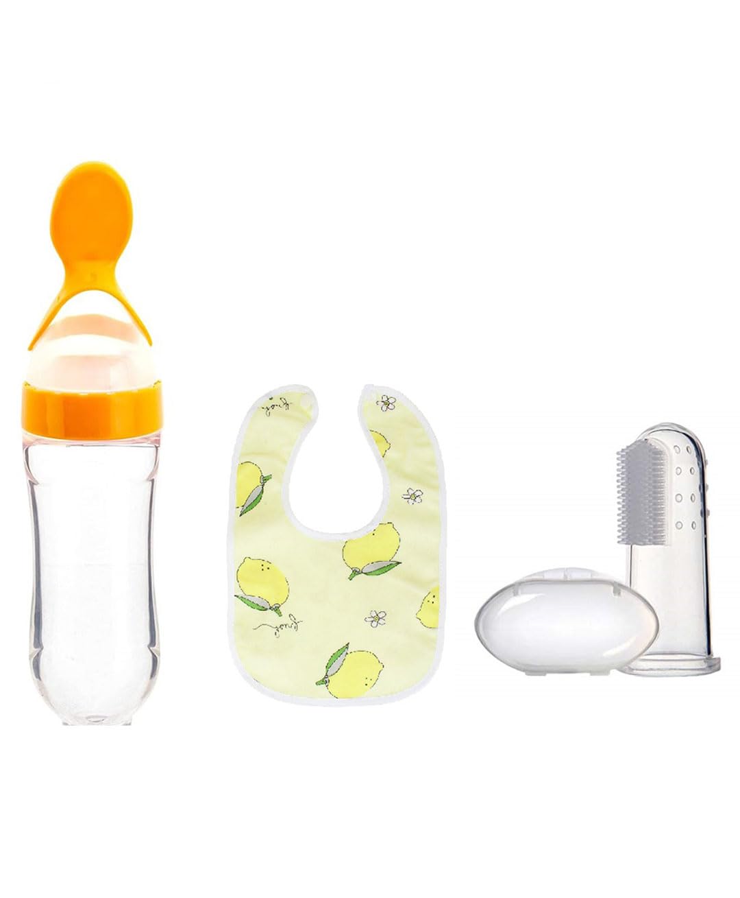Kritiu Baby Feeding Combo-Spoon Bottle, Finger Toothbrush, And Baby Bib Set|Bpa-Free & Safe For Infants|Easy To Clean|Ye