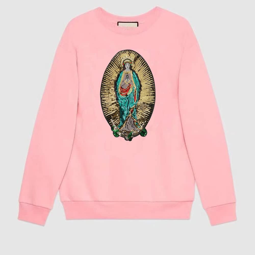 Gold Sequins Blessed Virgin Mary Goddess Embroidery Patches for Clothing DIY Stripes Applique Motorcycle Jacket sew on Badge