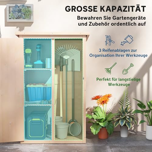 Outsunny Gartenschrank Holz, Geräteschuppen wetterfest 75x56x115cm, Gerätehaus mit Tür, Böden, Geräteschrank, Gartenhaus Werkzeugschrank Gartenschuppen für Garten, Terrasse, Hinterhof, Rasen, Natur