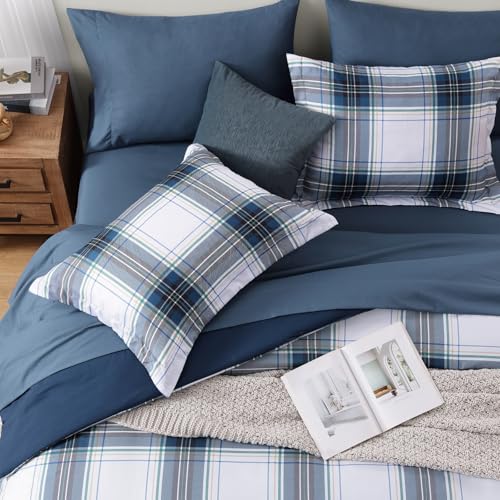 Image of MaiReve Full Size Plaid Comforter Set Blue White, Classic 7 Pieces Farmhouse Bedding Set, All Season Lightweight Bed in A Bag with Sheets, Pillowcases & Shams