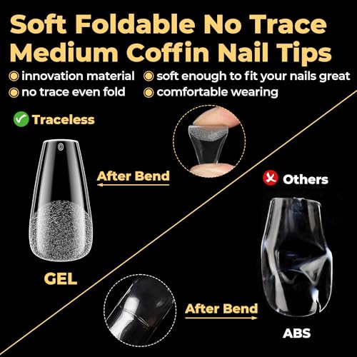 Image of UNA GELLA Medium Coffin Nails Tips 600Pcs, Gel Nail Tips Coffin Pre Etched Press On Nails Fake Soft Gel Nail Tips For Nail Extension Ombre Stlye Art Home DIY Salon 12 Sizes