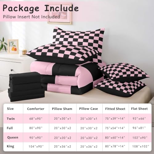 Image of Feelyou Checkered 7 Piece Bedding Set Teen Pink Black Plaid Comforter Set with Sheets Full Size Kids Boys Cute Retro Neutral Checkerboard Geometric Bed in a Bag Vintage Aesthetic Room Decor