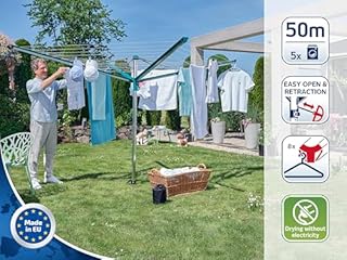 Leifheit Séchoir parapluie Linomatic 500 Deluxe Cover, étendoir parapluie grande surface d'étendage avec douille fixation et housse de protection, séchoir à linge jardin solide et résistant, Easy-lift