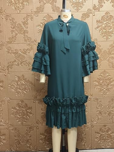 Image of dasmzper Women's Plus Size Midi Dress Ruffle Sleeve Bow Tie Neck Casual A line Swing Midi Dresses