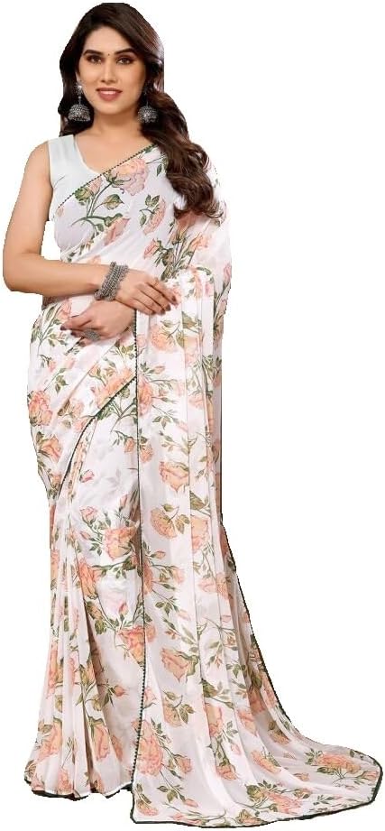 RAJESHWAR FASHION WITH RFWomen's Georgette Leheriya Striped Printed Sarees For Women With Lace Border & Blouse Piece