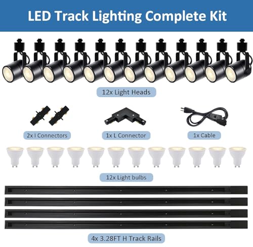 Image of GU10 LED Black Track Lighting Complete Kit, 3000K Warm White, 12 Packs GU10 Dimmable Ceiling Spotlight Fixture with 13.12ft H Type Track Rails, Replaceable 10W LED Bulbs for Home