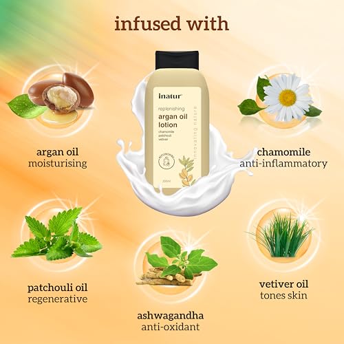 Image of Inatur Argan Oil Lotion 200ml - Deep Hydration for Face & Body | Non-Sticky, Natural & Vegan Moisturizer | Ideal for Dry Skin | Nourishing Winter Care for Men & Women | Smooth, Soft Skin Everyday
