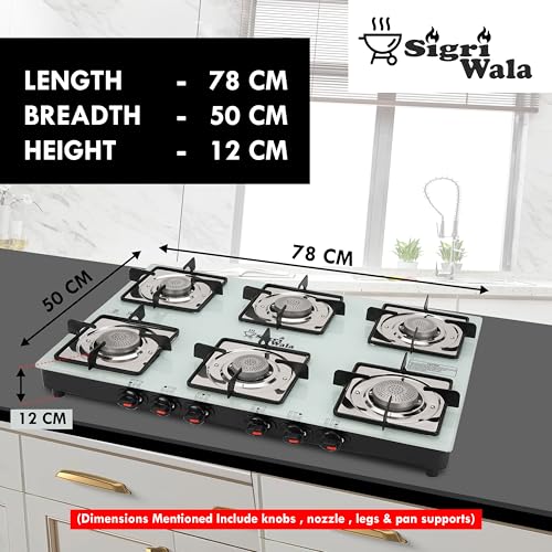 Image of Sigri-Wala 6 Burner Manual Gas Stove for Kitchen | Orchid White Toughened Glass Cooktop | LPG Compatible | High Efficiency Burners | ISI Certified