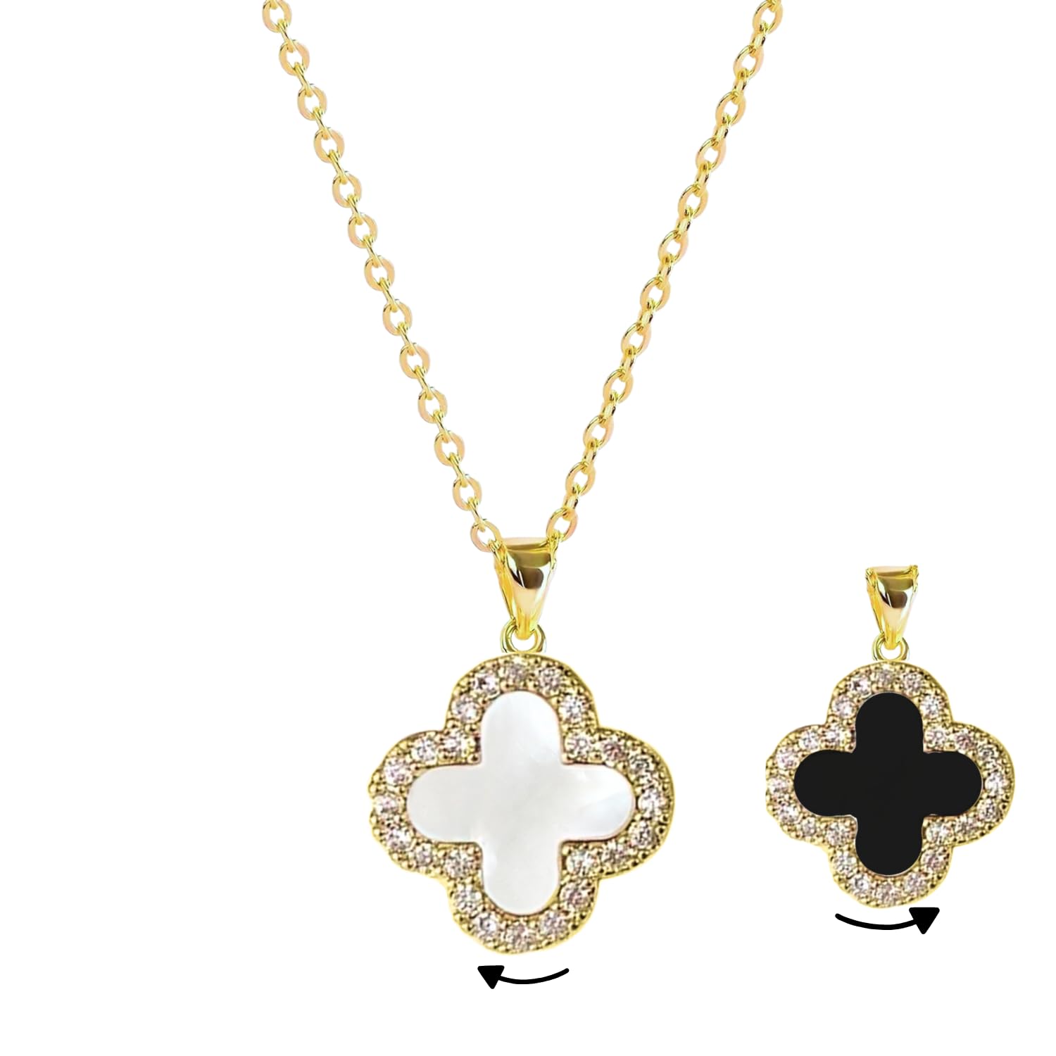 LaBling Four Leaf Studded Clover Necklace | Double Sided Clover Necklace White & Black | Lovely Gift for Women