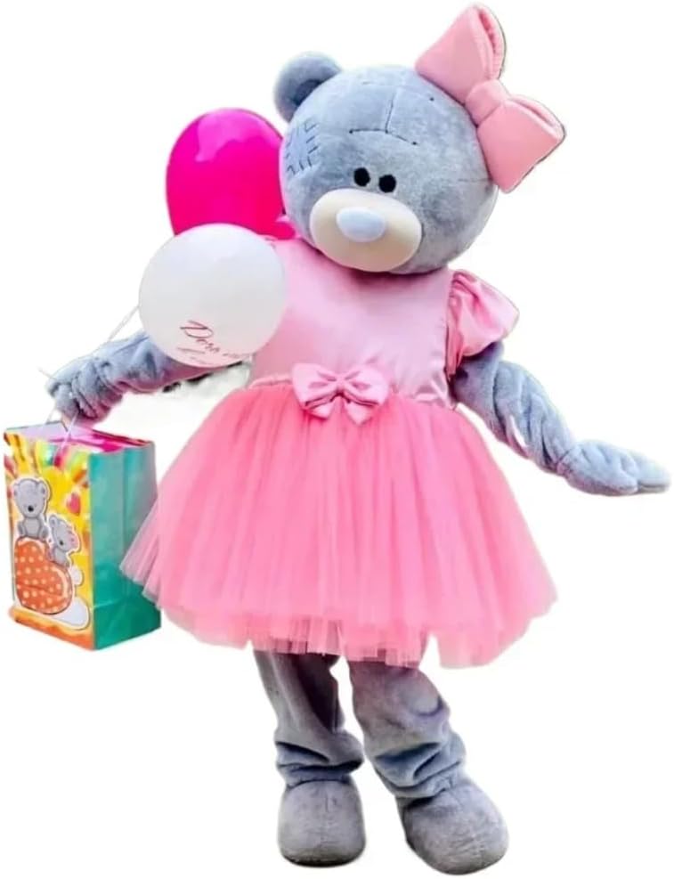 Pink Chiffon Dress Gray Teddy Bear Mascot Halloween Carnival Party