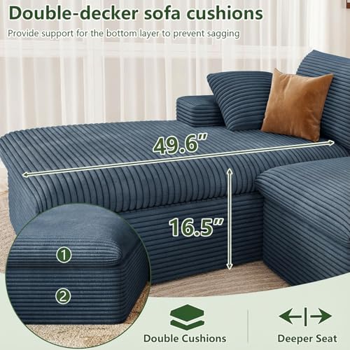 Image of 107 inch Cloud Couch Modular Sectional Sofa for Living Room, L-Shape Boneless Couch with Deep Seat, Modern Corduroy 3-Seater, No Assembly Required (Blue,Left-Facing Chaise)