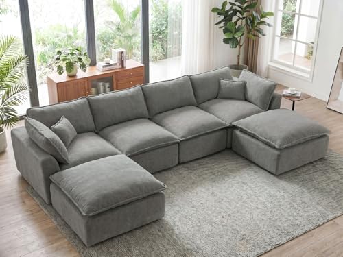 Image of COSIEST 139'' Boneless Sectional Couch, Modular Sectional Sofa with Ottoman, 6 Seater U Shaped Cloud Couch for Living Room, Grey