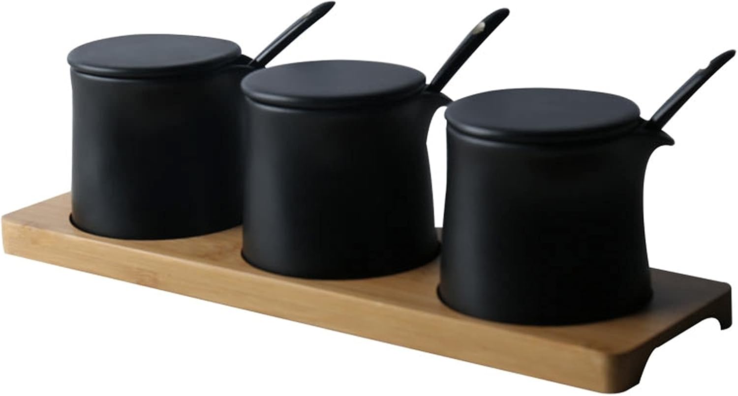 Spice Jar Set Spice Racks Ceramic Condiment Pots, Ceramic Sugar Bowls, Spice Jars Containers With Ceramic Lids, Trays And Ceramic Spoon Seasoning Pot (A)