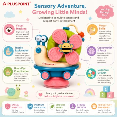 Image of PLUSPOINT 5-in-1 Baby Suction Spinner Toy Montessori Toys for Toddler Interactive Learning Set with Rattle and Sensory Play, Kids Travel Toys 6-12-18 Months Boy Girl Newborn Birthday Gift
