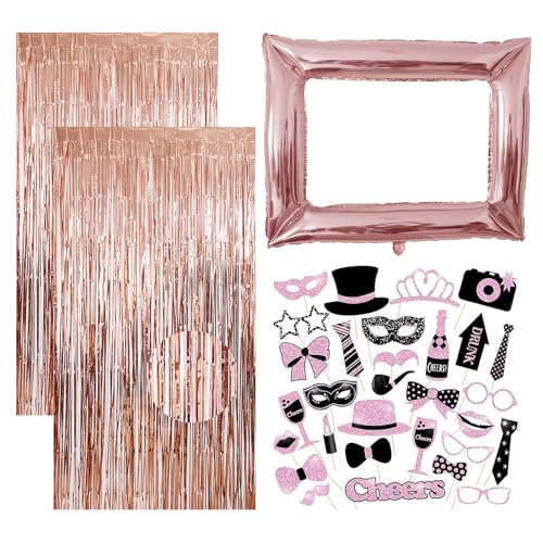33 Piezas Photo Booth Props con 30 Accesorios para Fotos, 2 Cortinas con Purpurina, Un Marco De Fotos Inflable, Fotocoll De Cumpleaños para Bodas, Fiestas, Decoración (Rosa)