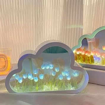 Cloud Tulip Lamp, DIY Cloud Tulip Mirror Night Light, Simulation Flower Bedroom Sleeping Table Lamp, Creative Living Room Bedside Desktop Ornaments Night Light for Teen Girls Bedroom (Yellow)