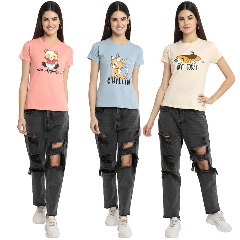 Image of Preneum Women's Cotton Regular Fit Graphic Stylish Printed Short Sleeves Casual T-Shirt || Trend Styles & Style (Pack 3)