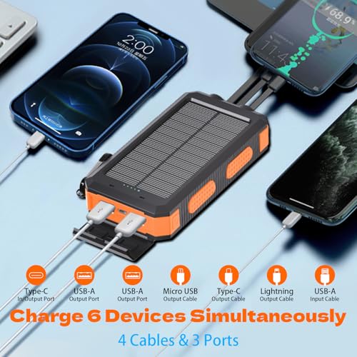 Image of Solar Power Bank 20,000mAh, Portable Phone Charger, 4 Cables Outdoor Waterproof External Backup Power Charger with USB-C for Cell Phones, Solar Battery Pack with Dual Flashlight for Camping