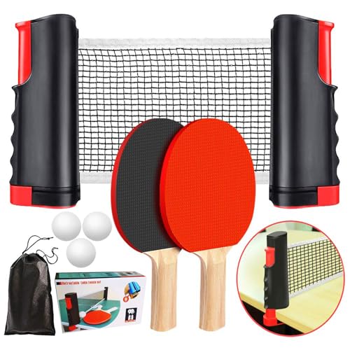 QMCZLA Red de Ping Pong, Raquetas y Pelotas Set, Juego portátil Tennis de Mesa Plegable para Adultos y Niños, con 2 Raquetas, 1 Red Retráctil, 3 Ping Pong y 1 Bolsa de Almacenamiento (Rojo Negro)