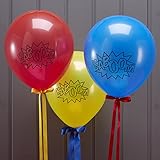 Ginger Ray Superhero Red, Blue & Yellow Kaboom Party Balloons x 10 - Comic Superhero