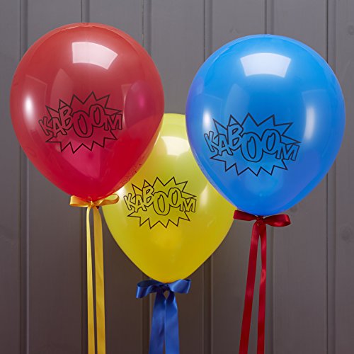 Ginger Ray Superhero Red, Blue & Yellow Kaboom Party Balloons x 10 - Comic Superhero