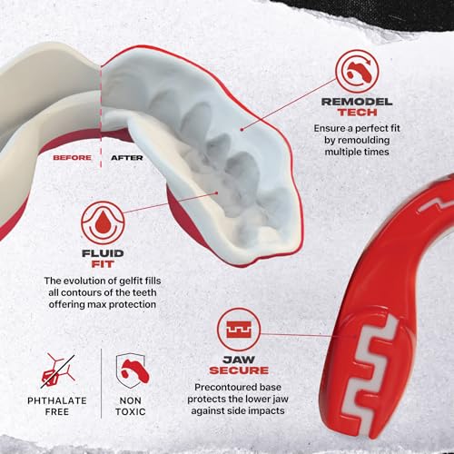 Image of SAFEJAWZ Mouth Guard, Dual Layer Mouthguard for Youth with Case, Easy Fit Remoldable Mouthpiece for Football, Boxing, Lacrosse, MMA, Basketball & All Contact Sports (Kids <11 Years, Viper Red)