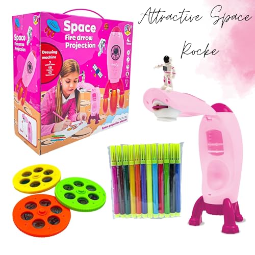Image of Attractive Space Rocket 1PCS with Light, 3 Latren Astronaut Slides & Water Colors for Kids Smart Projection Drawing Machine Projector for Girls and Boys Birthday Gift for Children(Pink Theme)