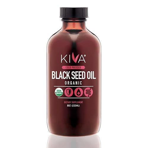 Kiva Aceite de semilla negra orgánica, 100% puro, prensado en frío, Nigella Sativa  Hasta 3 veces la timoquinona (TQ) 8 onzas