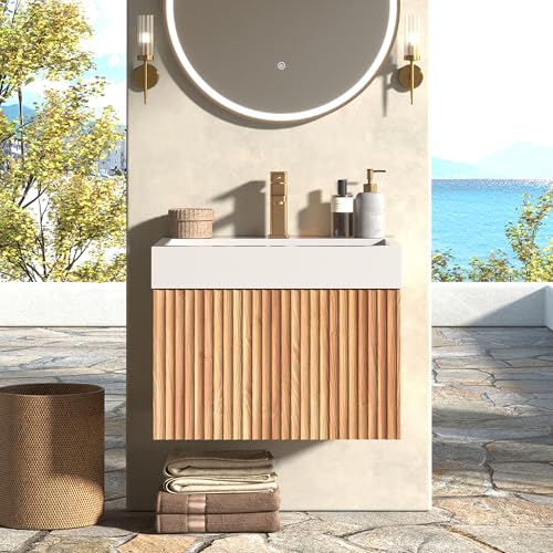 SHKL 24" Bathroom Vanity with Sink, Modern Floating Vanity with Soft-Close Drawers, Floating Cabinet Space Saving Design, Wall-Mounted Vanity for Bathrooms, Natural Wood Grain