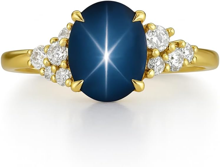 Star Blue Sapphire Engagement Ring for Women in 14K Yellow Gold with Diamond Side Stones Statement Promise Ring Handmade Jewelry Gift for Wife