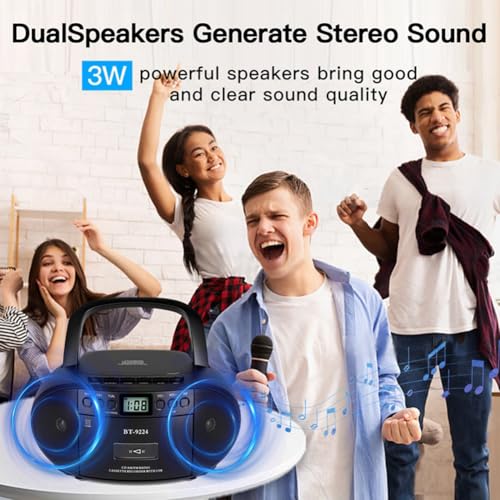 Boombox portatile Bluetooth con lettore CD, cassette, radio AM/FM, telecomando, batteria o alimentazione CA per intrattenimento musicale domestico e all'aperto