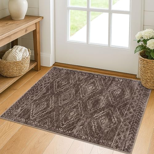 KILOCOCO Boho Entryway Rug 2x3 Printed Small Area Rug Indoor Door Mat Machine Washable Kitchen Rugs Super Soft Non Slip Throw Rugs for Bedroom Entrance Geometric Laundry Room, Rust Red