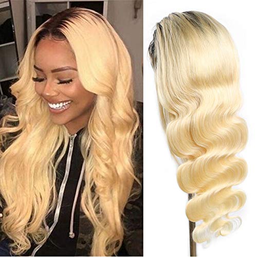 Ombre Human Hair Wig 1B/613 Lace Front Wig Human Hair Pre Plucked Bleached Knots Dark Roots To Blonde Two Tone Wigs Body Wave Transparent Lace 4X4 Free Part Brazilian Virgin Hair 18 Inch