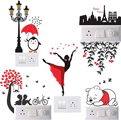 GLOBAL GRAPHICS Switch Penal Sticker of Reading Couple, Dancing Lady, Sleeping Bear, Penguin and Love Peris for decoretive Switch Board(PVC Vinyl Sticker, Multicolor, Set of 1, 30 x 30 x 0.1 cm)