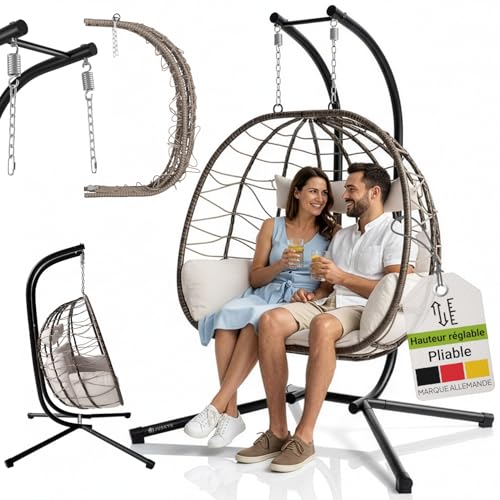 Fauteuil Suspendu Double Aria de Juskys - Fauteuil Suspendu en polyrotin avec Support & Coussins -...