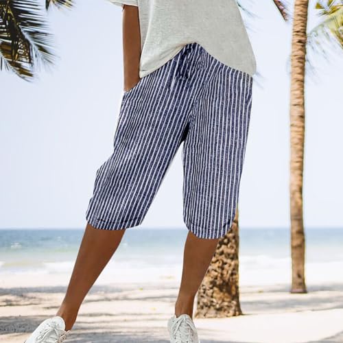 Linen Pedal Pushers for Women Summer Baggy Side Button Pant Lightweight Elastic High Waisted Short with Pockets2