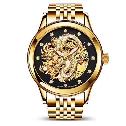 Preisvergleich Produktbild AIZHIJIA Uhr Herren Gold Automatik Mechanik Armbanduhr Schwarz Gold B