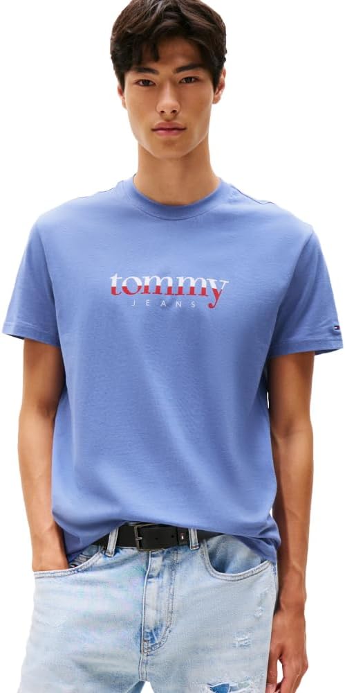 Tommy Jeans Mens Short Sleeve Cotton T-Shirts with Printed Two-Tone Logo Graphic