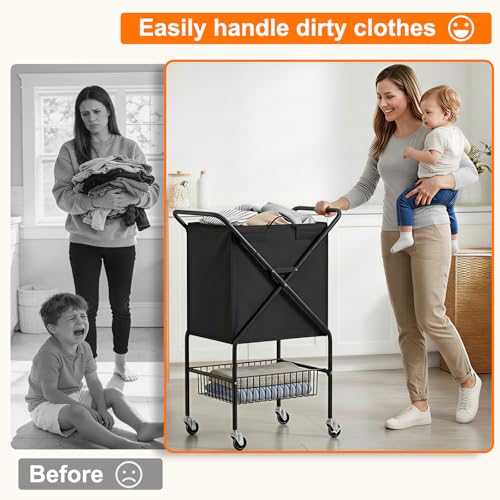 Image of Laundry Basket with Wheels:88L Rolling Laundry Cart Foldable Metal Frame Dirty Clothes Laundry Hamper 36 inchH 4 Caster 2 Brake Waterproof Removable Liner Carry Handle for Dorm Laundry Room,Black
