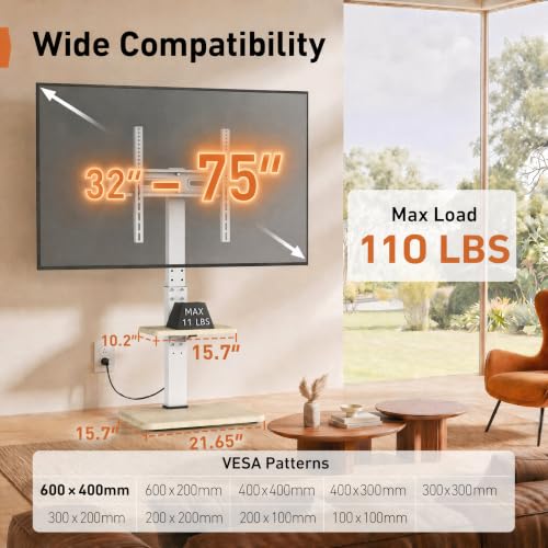 Image of Perlegear Floor TV Stand with Power Outlet, Universal TV Stand for 32-75 inch TVs up to 110 lbs, Tall TV Mount for Bedroom with Shelf, Wood Base, Height Adjustable, Max VESA 600x400mm, White, PGFS06W